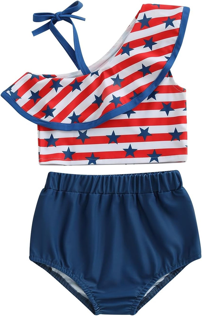 Mobbdow Toddler Baby Girl 4th of July Bathing Suit Two Piece Swimsuit Bikini One Shoulder Ruffle Tops Bottoms Swimwear Set - Image 1